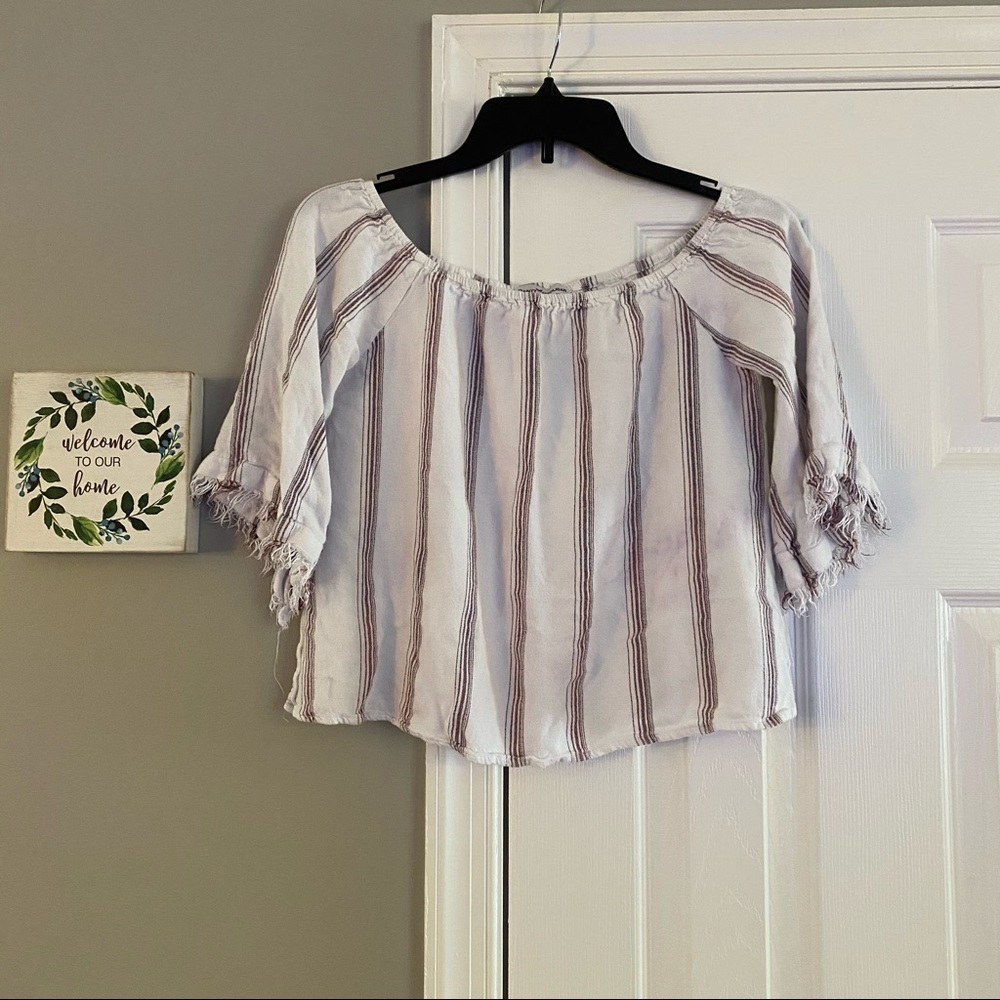 Dainty Hooligan Off The Shoulder Top Striped Fringe Bell Sleeve Small White